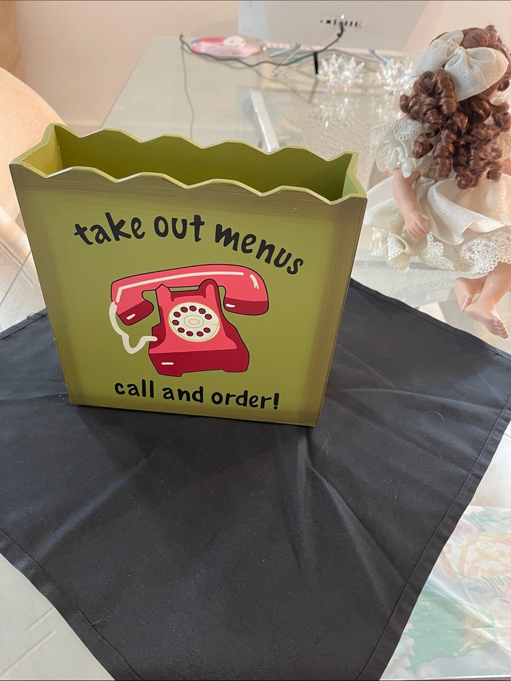 Olive Green Take Out Menus Organizer with Red Telephone Graphic